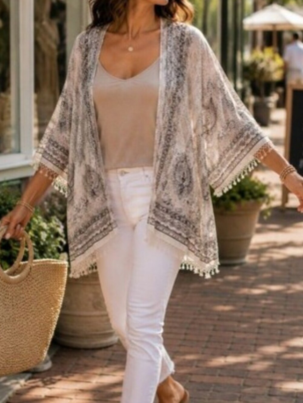 Paisley Sheer Kimono Fringe Trim Duster OSFM Cream Mauve Brown Embroidered Fring